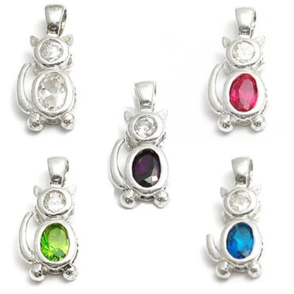 ADORABLE KITTY CAT CHARM WITH OVAL CZ BIRTHSTONE IN STERLING SILVER